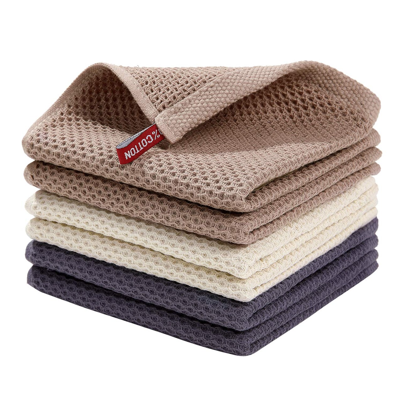 100% Cotton Waffle Weave Kitchen Dish Cloths, Ultra Soft Absorbent Quick Drying Dish Towels, 12 x 12 Inches, 6-Pack, Mixed Color